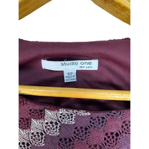 Studio One Women’s 6P Burgundy Lace Fit & Flare Belted Dress Petite thumbnail 6