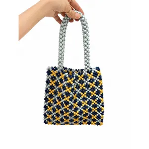 Lulus NYC Beaded Gingham Tote Bag Blue Yellow Handmade Checkerboard Purse thumbnail 2