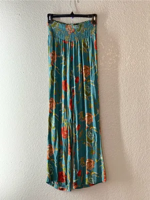 O’Neill Teal Floral Wide Leg Pants Smocked Waist Boho Resort Coastal Small Beach thumbnail 7
