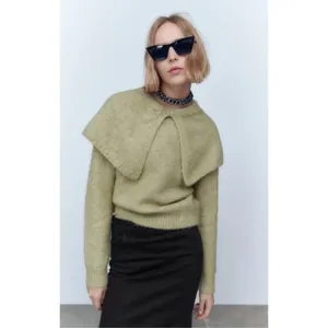 ZARA Wide Lapel Cape Collar Knit Sweater Sage Green Pullover Cottagecore Medium thumbnail 5