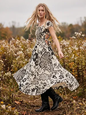 Free People Bohemian Ultraviolet Midi Maxi Dress Black White Floral Size XL thumbnail 1