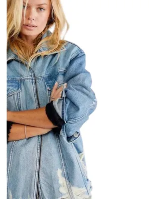 Free People We The Free Your Dad's Distressed Denim Jean Jacket Women's Medium thumbnail 2