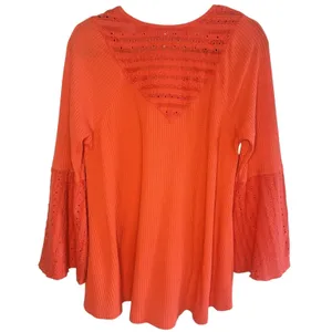 Free People Parisian Nights Tunic Top M Red Orange Lace Eyelet Boho Peasant Top‎ thumbnail 2
