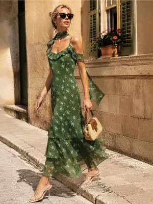 Rihoas Green Floral Ruffled Cold-Shoulder Maxi Dress thumbnail 3
