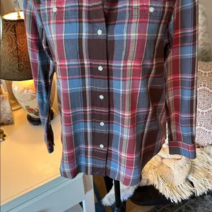 Ralph Lauren, brown blue rose plaid button-down, cotton western shirt S​​ thumbnail 3