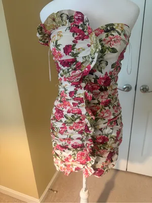 Floral Strapless Ruffle Mini Dress in White, Pink & Green thumbnail 3