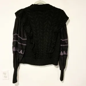 By Anthropologie Black Ruffle Cable-Knit Sweater Balloon‎ Sleeve Size Small thumbnail 6