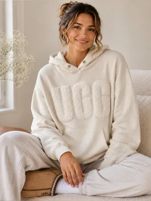 UGG Sherpa Logo Hoodie Cream Ivory Pullover Sweatshirt Cozy Fleece Casual Medium thumbnail 1