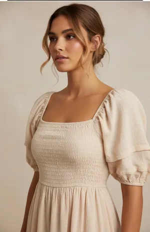 Vici Women's Small Beige Puff Sleeve Tie Back Midi Dress thumbnail 3