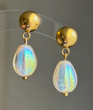 Handmade pear teardrop Czech glass simple minimalist earrings💛 thumbnail 1