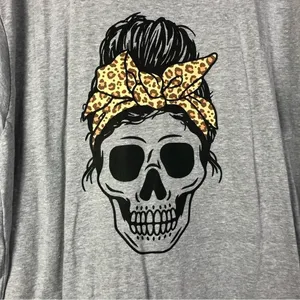 Boutique Gray‎ Skull Messy Bun Leopard Headband Crewneck T-Shirt XL thumbnail 4