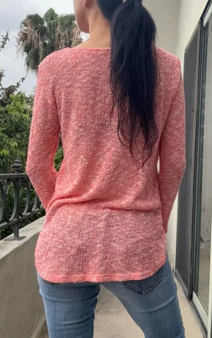 Soft Coral Pink Bouclé Open Knit Sweater Top Romantic Beachy Lightweight Long Sleeve thumbnail 1