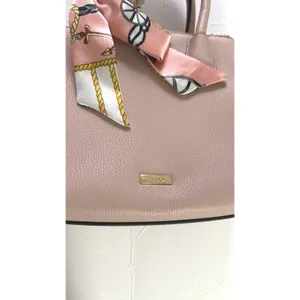 ALDO Womens Taupe Tan Satchel Handbag Structured Tote Shoulder Purse Scarf Charm thumbnail 5
