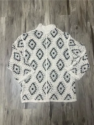 POL Crochet Diamond Shacket Cardigan Cream Black Boho Style SMC120 One Size thumbnail 4