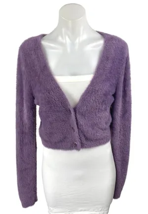 Aritzia Sunday Best Purple Fuzzy Faux Fur Button Crop Cardigan Sweater Top Sz M thumbnail 1