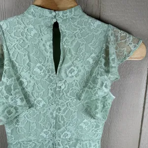 Anthropologie MAEVE Lace Mini Dress Medium Light Green Mock Neck Flutter Sleeve thumbnail 4