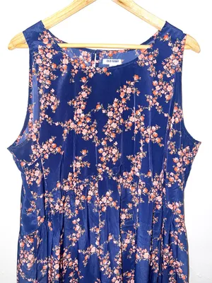Old Navy Fit & Flare Navy Blue Dress with Pink Floral Print thumbnail 2