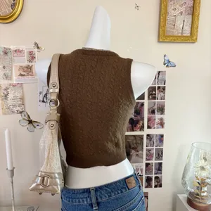 Brandy Melville Brown Cable Knit Sweater Vest Womens One Size V Neck Cropped Tan thumbnail 3