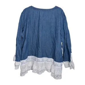 Blue Chambray Denim Button Down Top White Lace Ruffle Hem Boho XXL thumbnail 2