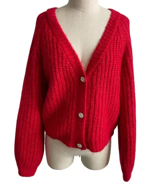 Lulus Red V Neck Rhinestone Cardigan Sweater XS thumbnail 1