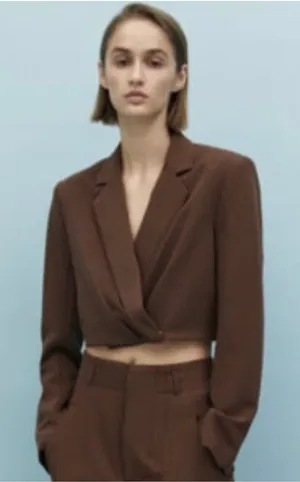 Zara Brown Cropped Wrap Blazer Jacket Notched Lapel‎ Long Sleeve Modern Chic thumbnail 1