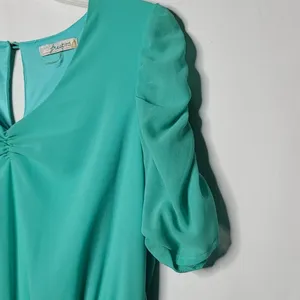 NWOT Freebird sheer poof sleeve vneck green dress sz Sm thumbnail 2