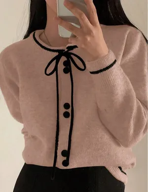 Pink Black Trim Bow Cardigan thumbnail 1