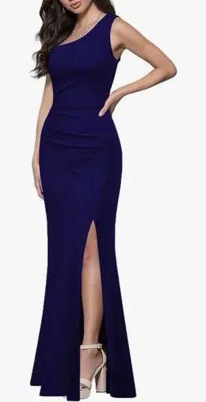 MUSHARE Womens XL One Shoulder Bodycon Mermaid Split Cocktail Dress Navy Blue thumbnail 1