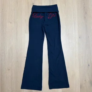 Hello Molly Flare Pants Fold Waist Base Lucky Girl Size M Navy Blue Red thumbnail 4