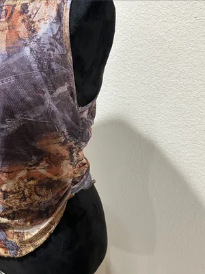 One-Shoulder Abstract Mesh Print Top - Brown & Purple Tones thumbnail 4