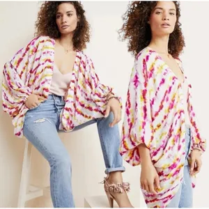 Anthropologie Tie Dye Kimono Open Front Pink Yellow White Bohemian Cover‎ Up thumbnail 2