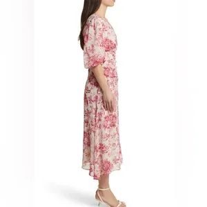 Chelsea28 Forget Me Not Floral Print Puff Sleeve Midi Dress in Beige and Pink thumbnail 3