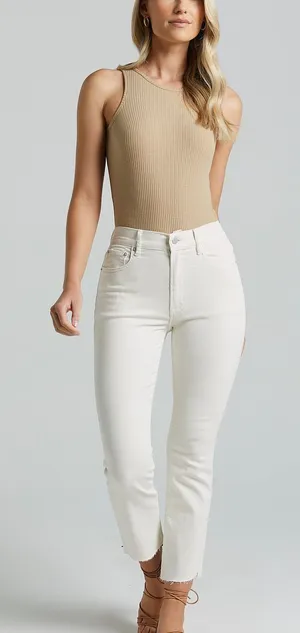 Showpo ELIZENA JEANS Mid Rise Step Hem Cropped Denim Jeans In Ecru size 4 thumbnail 1