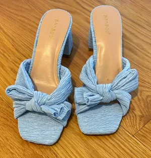 BAMBOO Sky Blue Knotted Block Heel Slides thumbnail 1