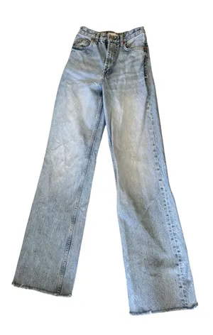Zara 90’s High Waisted Cotton Jeans Sz 0 Raw Flare Hem Med/Light Wash BTS thumbnail 1