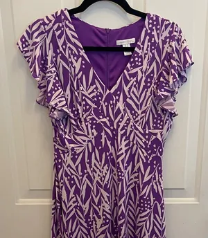 London Times Purple‎ White Leaf Print Flutter Sleeve V-Neck Midi Dress Womens 6 thumbnail 1