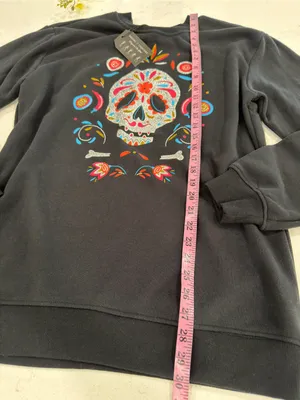 Black Crewneck Sweatshirt with Colorful Sugar Skull Graphic over size thumbnail 6