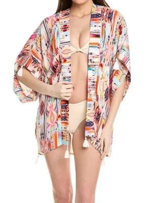 La Blanca Open Front Swim Cover Up Kimono One Size Tassel Colorful Beach Resort thumbnail 1