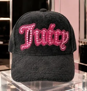 Juicy Couture Black Velour Baseball Cap Pink Rhinestone Logo NWT thumbnail 1