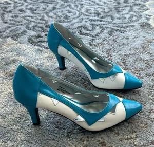 Andiamo Vintage Cutout Heels Turquoise & White 7 thumbnail 1