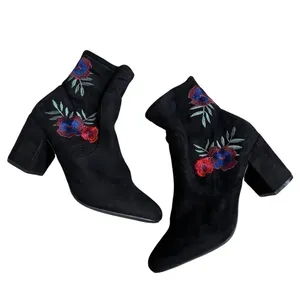 Rampage Itsie Black Faux Suede Floral Embroidered Chunky Block Heel Boots Sz 7.5 thumbnail 2