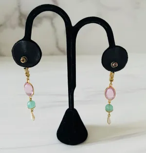 Gold Drop Earrings- Gemstone and Faux Pearl- Pierced Ears- Costume Jewelry thumbnail 4
