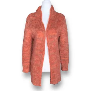 Vintage Knit Wool Blend Open Front Longline‎ Cardigan Sweater Orange Medium Cozy thumbnail 8