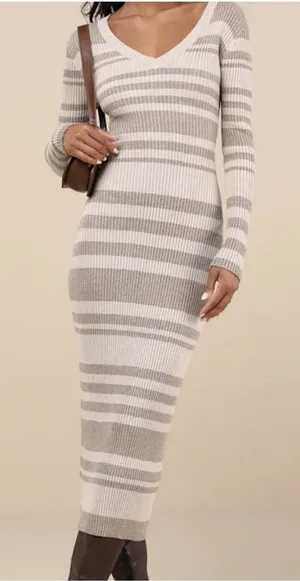 NWT $65 Lulus Casual Aura Beige‎ Striped Knit Long Sleeve Midi Dress Womens XL thumbnail 1