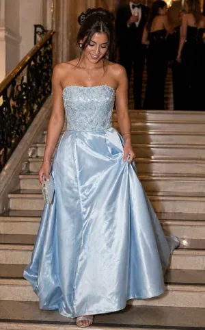 Sherri Hill Ice Blue Satin Prom Dress with Floral Embroidery & Pockets - Sz 10 thumbnail 1