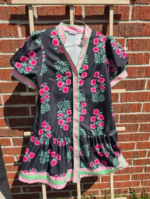 Floral Mini Dress Puff Sleeve V-Neck Button Down Casual Beach Boho Small thumbnail 2