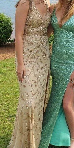 Gold and Tan Beaded Prom Formal Dress thumbnail 1