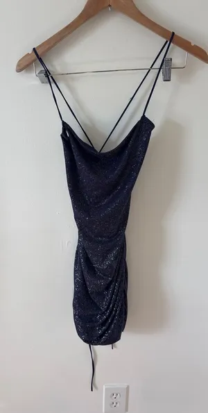 Lucy in the Sky Navy Sparkle Ruched Mini Dress Spaghetti‎ Straps thumbnail 1