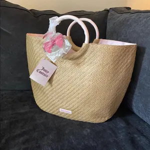 NWT Juicy Couture Woven Beach Tote Straw Bag Pink Lined Summer Resort Purse thumbnail 3