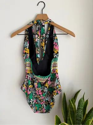 Boden Deep V-Neck One Piece Swim Suit Size 10 Floral Colorful Black Pink Green thumbnail 3